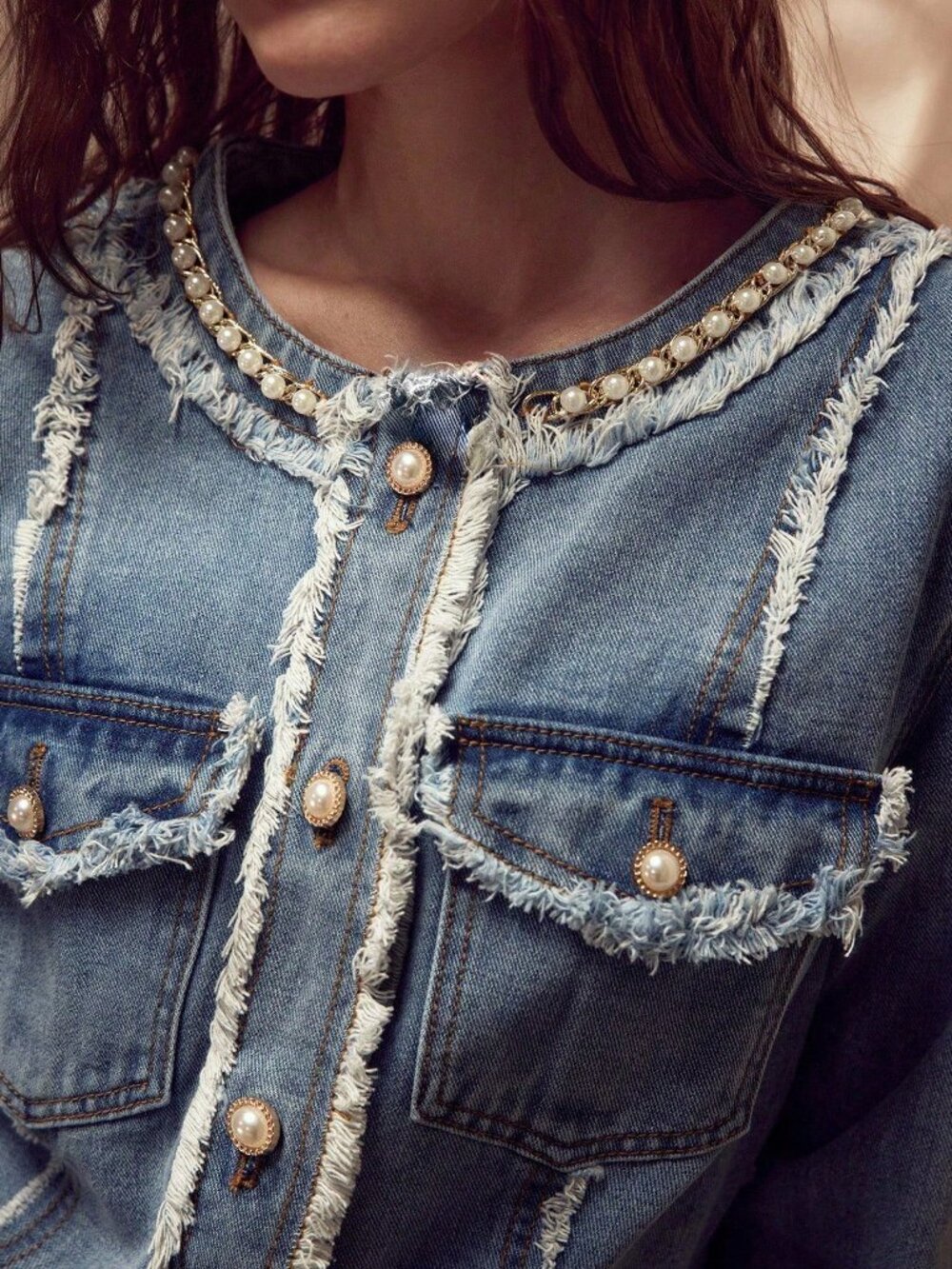 Blue Casual Women's Faux Pearl Chain Detail Raw Edge Flap Pocket Denim Jacket - Picture 6 of 6